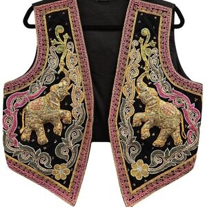 Vintage Bali Festival Maximalist Unique Vest Black Elephant Embroidered OS